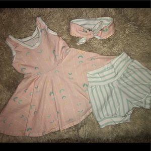 Custom dress, matching shorts/top knot headband
